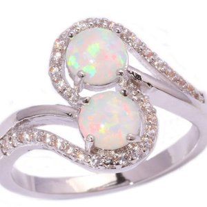 New - White Fire Opal With White Topaz Silver Ring - Size 6 or 9
